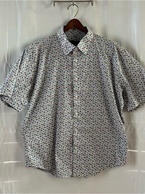 Men’s PRONTO UOMO Short Sleeve Button-Up Collared Shirt White/Multicolored Sz XL